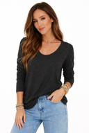 woman wearing charcoal long sleeve bralette tee outfit