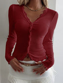 Lace Trim V-Neck Long Sleeve Blouse (Wine)