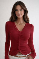 Lace Trim V-Neck Long Sleeve Blouse (Wine)